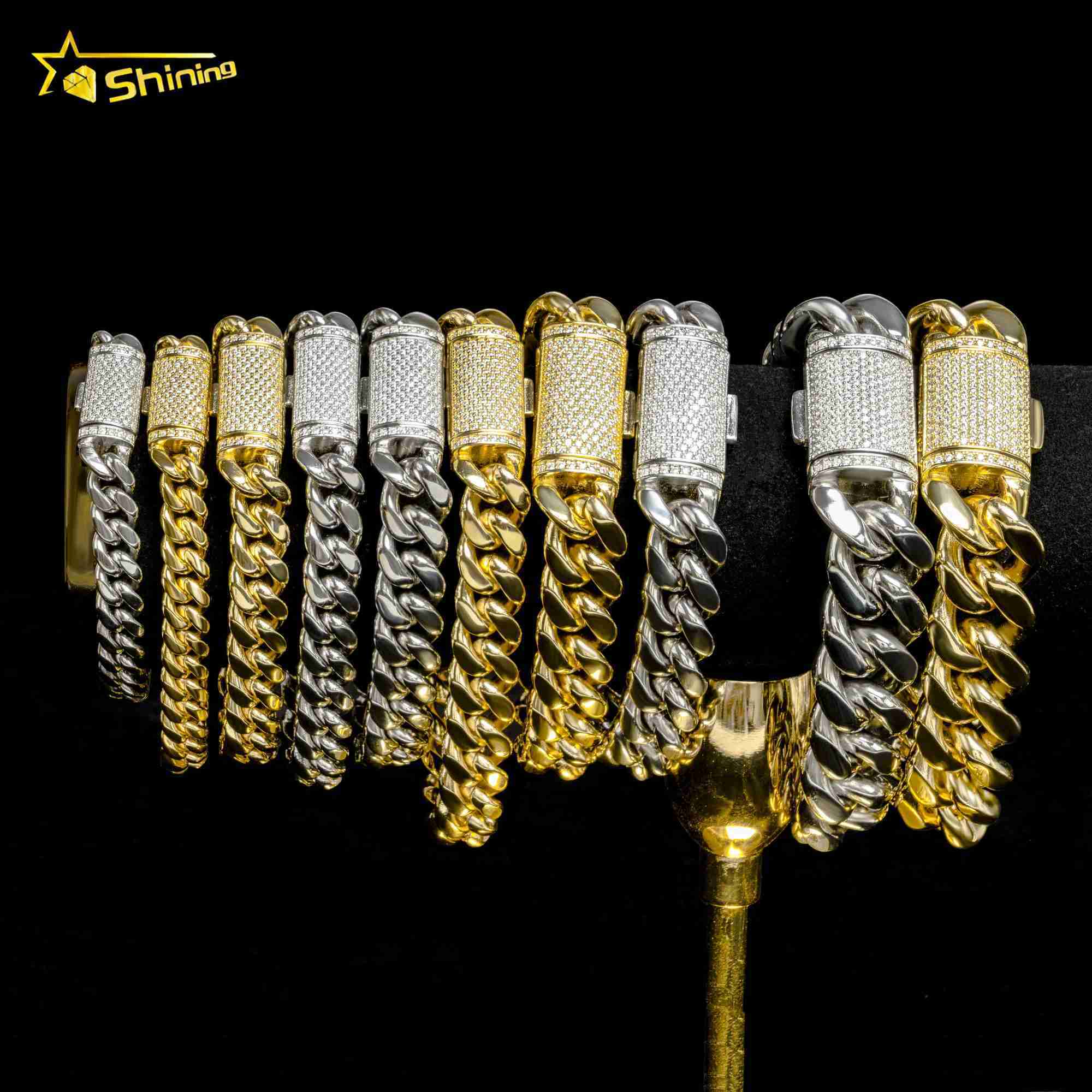 Hip Hop Jewelry Moissanite Clasp 8mm 10mm 12mm 14mm 18mm Stainless Steel Necklace Mens Gold Plated Miami Cuban Link Chain