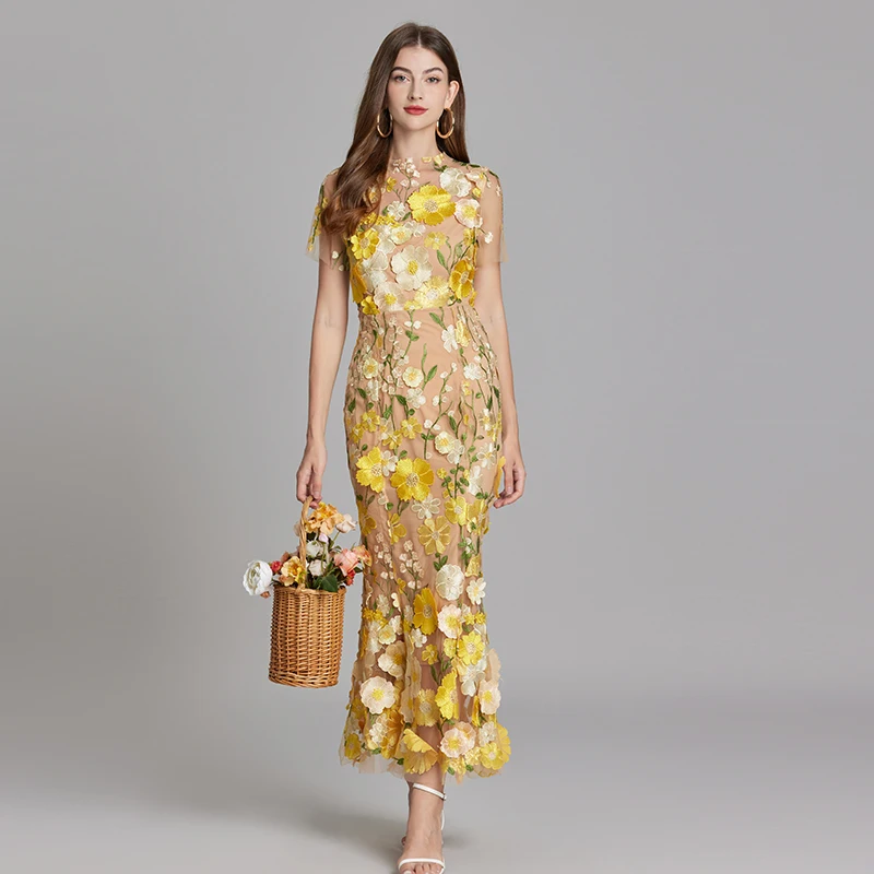 Basic Casual Dresses Summer Embroidery Lace Prom Dress Women French Luxury 3D Flower Fishtail Short Sleeve Long Dresses Party Bodycon Holiday Vestido
