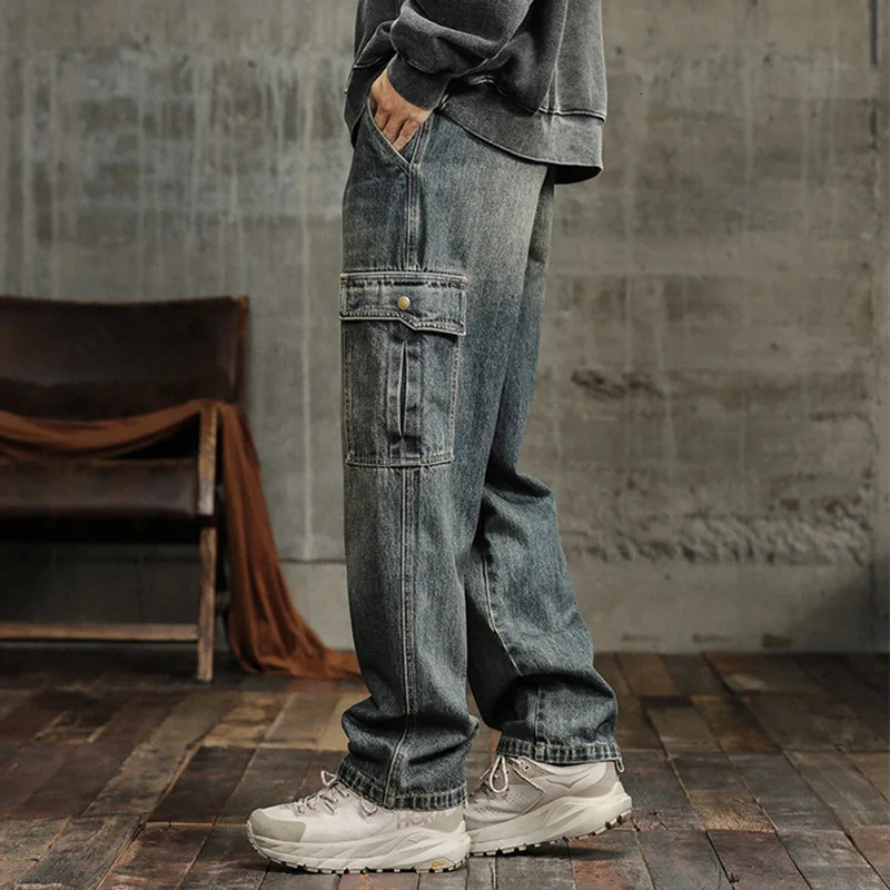 Spring and autumn Japanese mens jeans mens fashion straight tube loose casual large pocket pants 241204