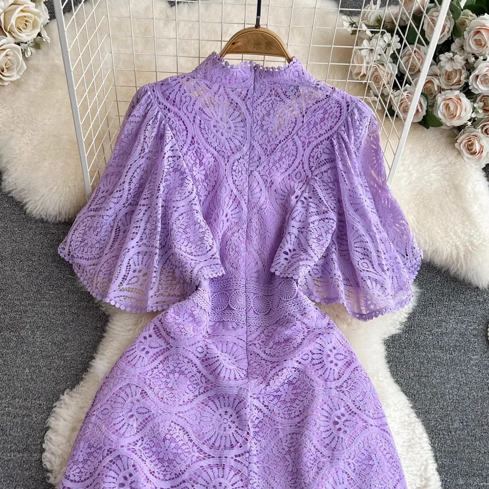 Casual Dresses Elegant Summer Lace Dress Women Crochet Flower Hollow Out French Purple Short Sleeve Party Midi Prom Evening Dresses