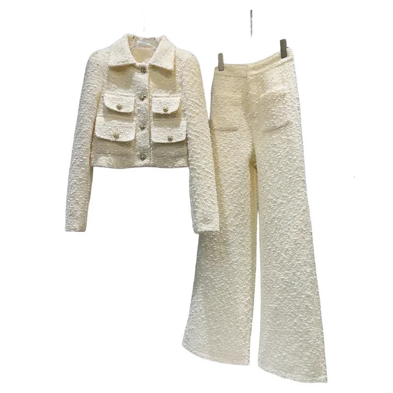 Elegant Straight Trousers Sets Office Ladies 2024 Autumn Tweed Pocket Short Jacket Pants Two Piece Outifits 241202