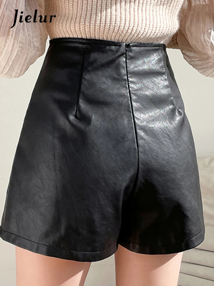 Jielur Pu Leather Almond Black Korean Fashion Wide Leg Leather Shorts for Women Autumn/Winter Casual High Waist Shorts for Women 241206