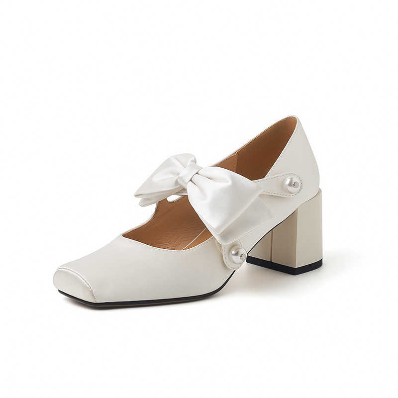 Detachable BowPink Mary Jane Shoes Womens Square Head Sweet Lolita Pearl Coarse Single Shoes