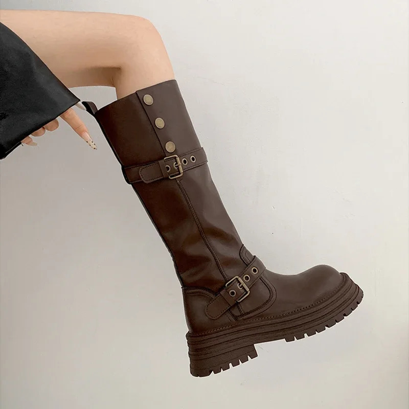 Vintage womens knight knee high boots elegant belt buckle shoes comfortable platform heels long Botas De Mujer 241206
