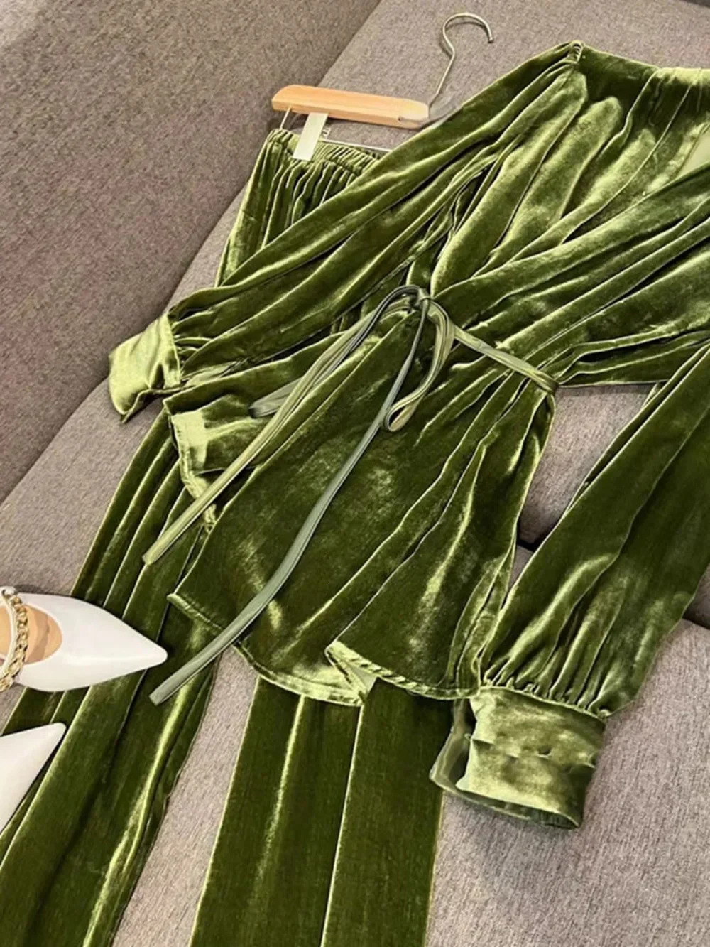 Elegant V Neck Lace Up Hong Kong Style Tops Veet Advanced Office Small Fragrance Wid Leg Pants Exquisite Suits Trousers