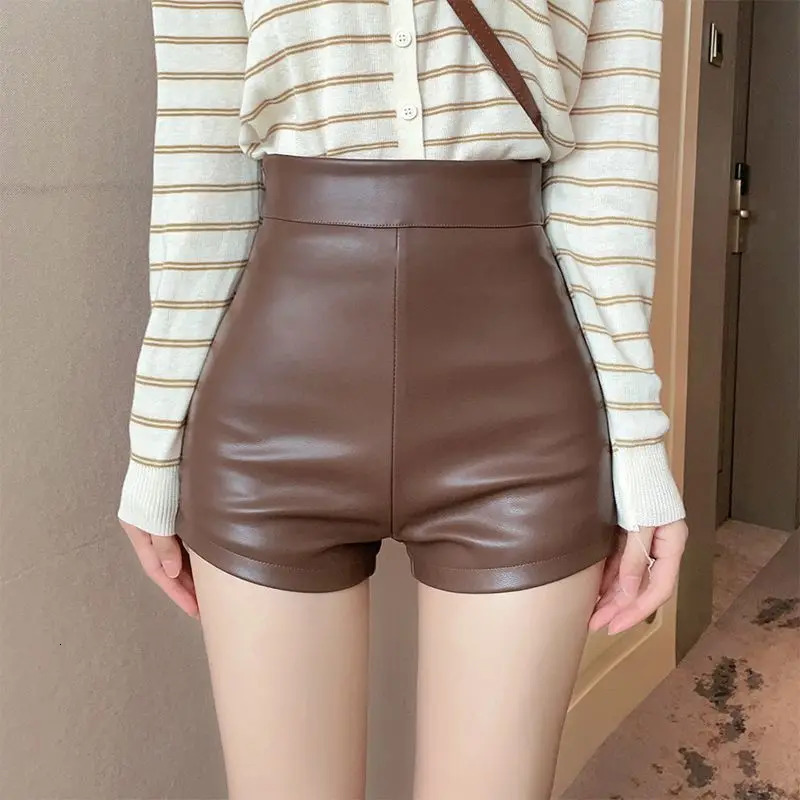 PU leather high waisted shorts womens ultra-thin shorts bottom tight shorts hip tight shorts 241206