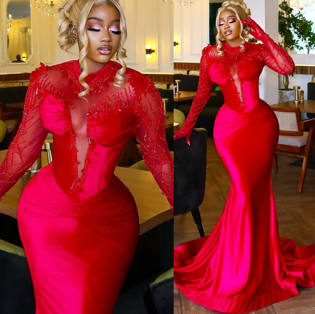 Red Mermaid Prom Dresses 2025 Full Sleeves Rhinestones Beaded Satin Evening Formal Party Second Birthday Engagement Gowns Plus Size Dress For Special 