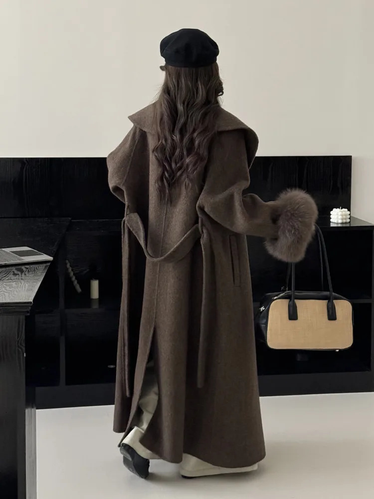 BJTZ Hair Cuffs Doublesided Cashmere Coat Women 2024 Autumnwinter Midlength Laceup Loose Fashion Simple 241202