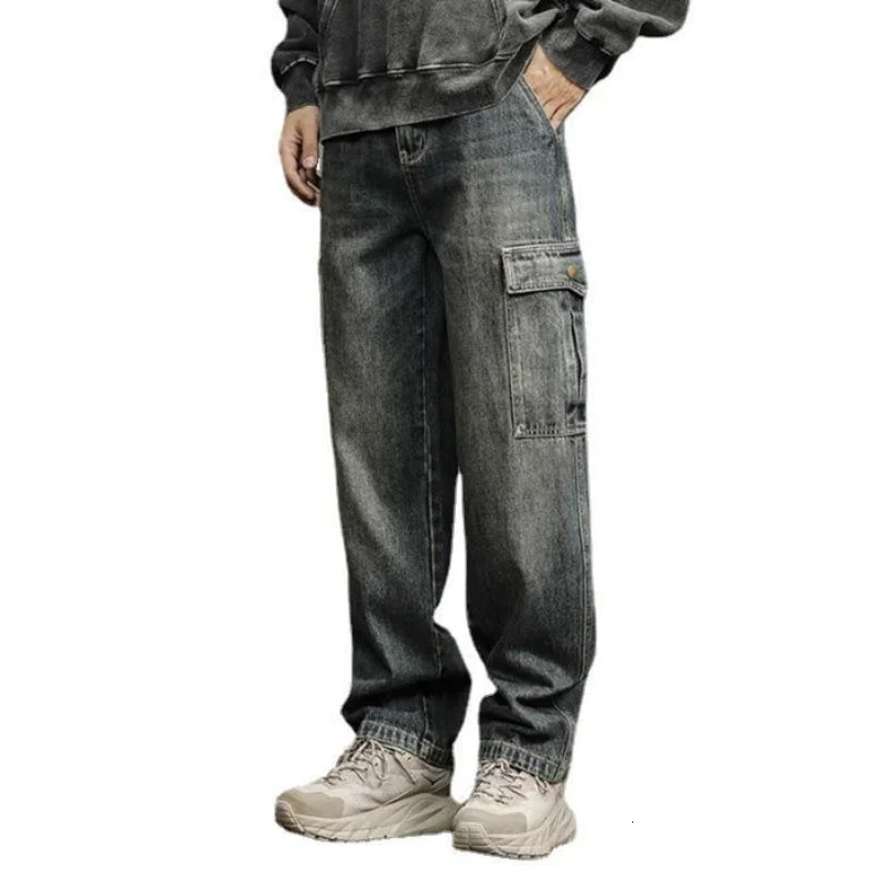 Spring and autumn Japanese mens jeans mens fashion straight tube loose casual large pocket pants 241204