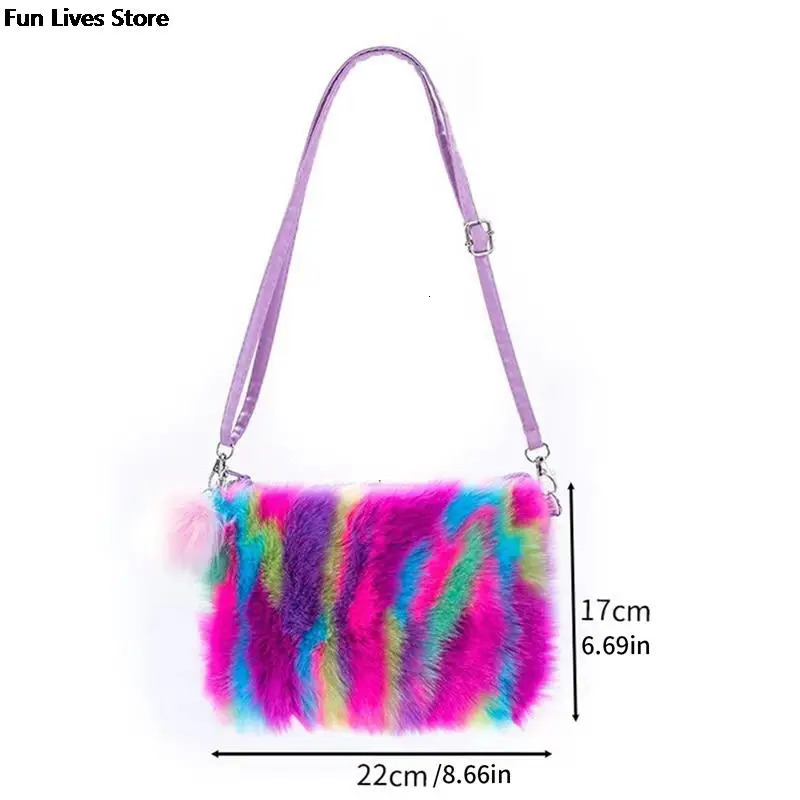 Rainbow Plush Shoulder Bag Colorful Fur Handbag Womens Fashion Cross body Girls Can Be Mischievous with 241206