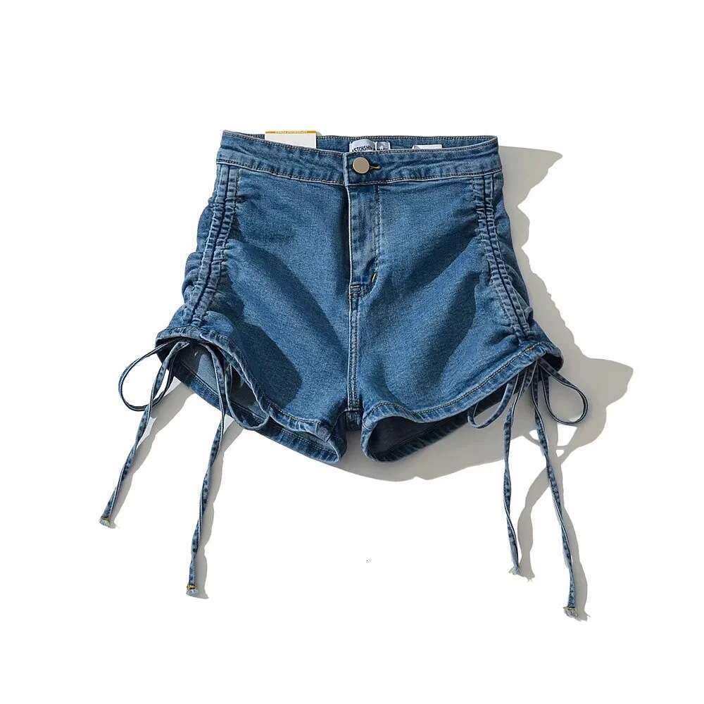 Summer Girl High Waist Elastic Tight Side Drawstring Wrapped Butt Hot Pants Women's Folded Strap Cowboy Shorts 2024 New Casual Versatile Fashion 