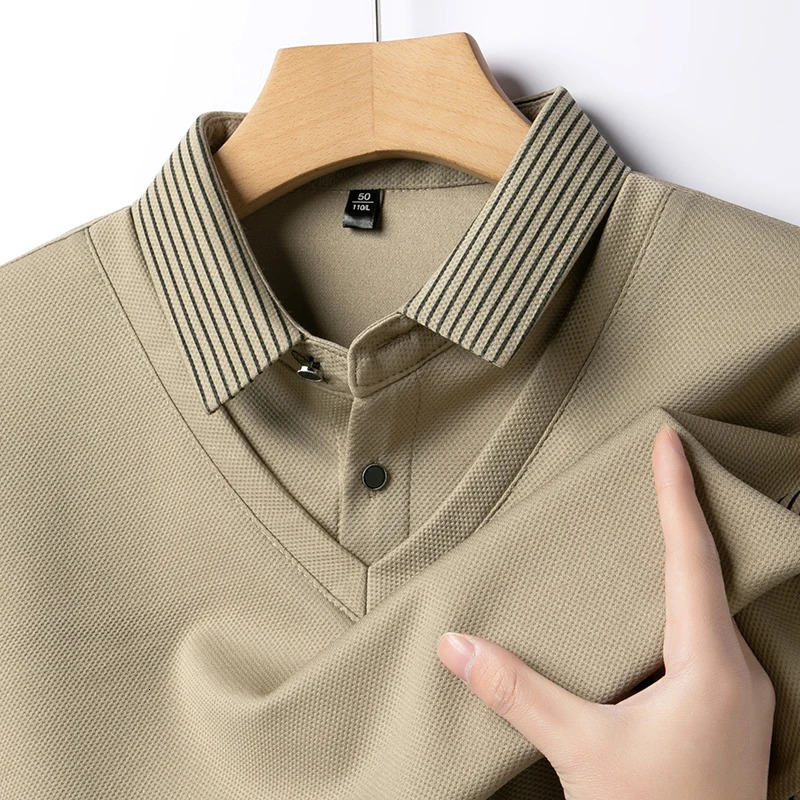 2024 Korean style mens long sleeved Tshirt autumn lapel business fashion casual polo shirt elastic top black dark gray khaki 241202