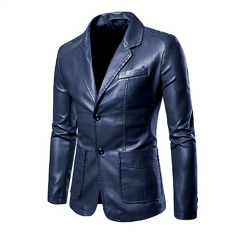 Faux Leather Men Blazer Jacket Formal Business Suit Coat Lapel Long Sleeve Pockets Singlebreasted Outerwear 241202