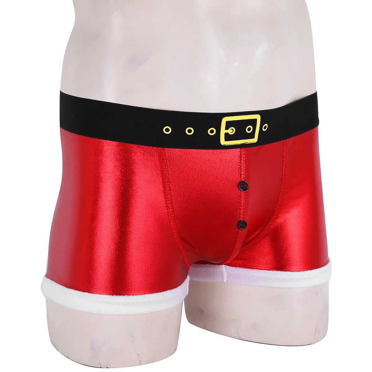 TiaoBug Red Mens Artificial Leather Printed with Pattern Santa Claus Party Clothing Boxing Shorts Underwear X241207
