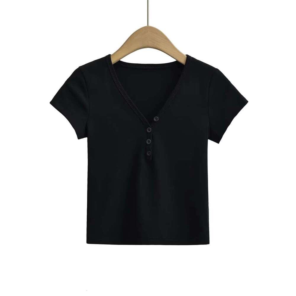 Kardashian's same American V-neck button slim fit T-shirt for women's summer solid color high waist tight short sleeved top wholesale 2024 t