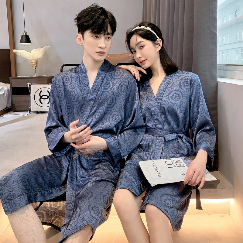 2025 Designer s new high end women s summer thin couple bathrobe ice silk fashion men s pajamas high end medium length bathrobe