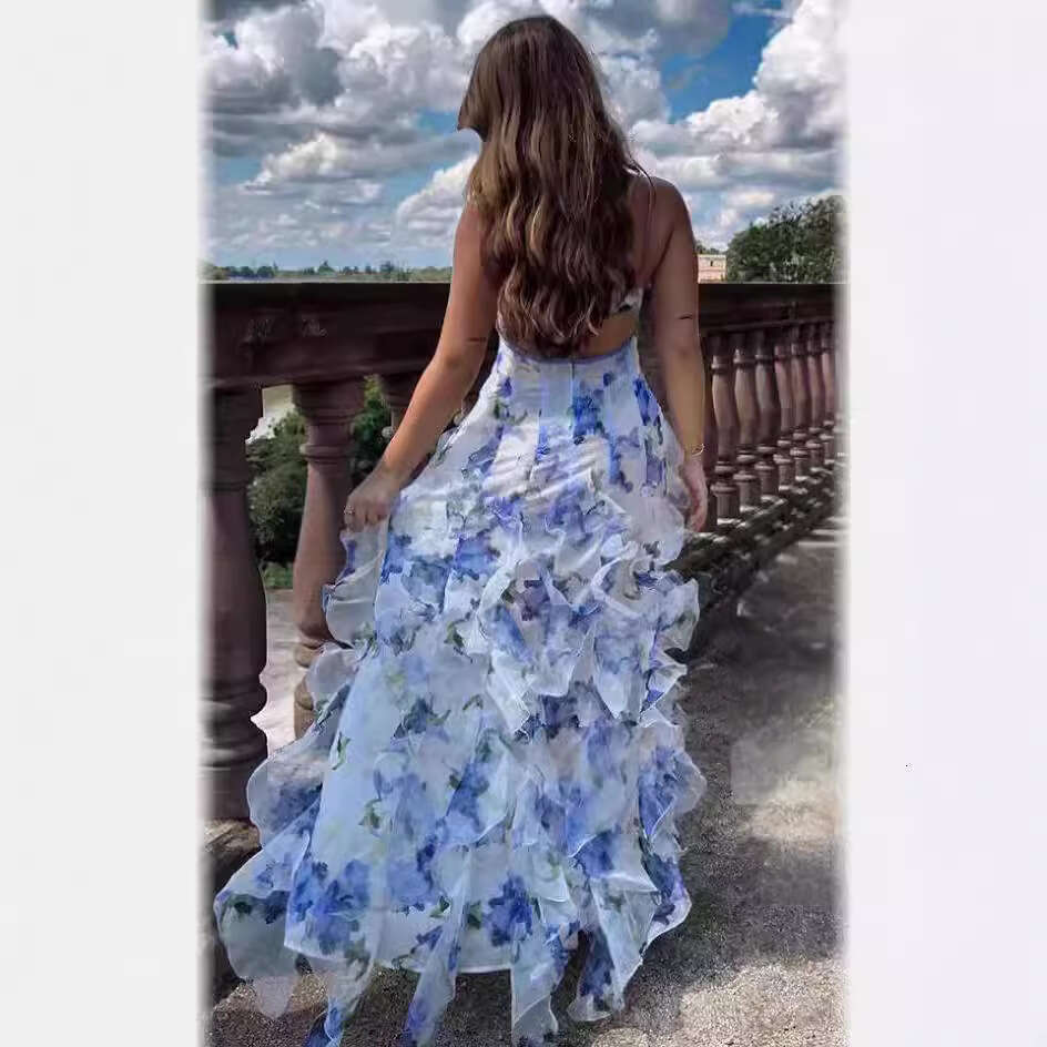 Spring/Summer Off Shoulder Women's Chiffon Printed Fairy Long Style Evening Dress 2024 New Casual Fashion Trendy Clothing
