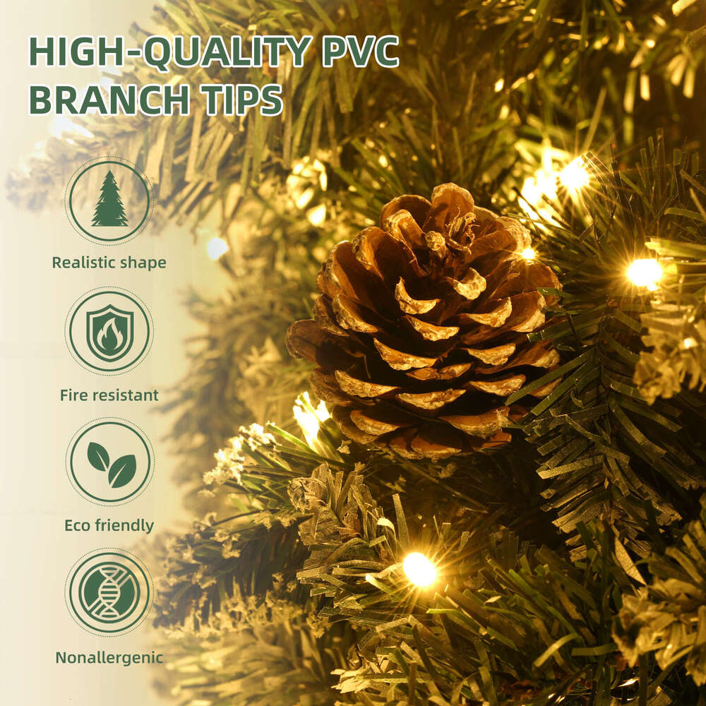7.5 Ft Pre-Decorated Pencil Christmas Holiday Tree w Clear Pine cones 955 PVC cked Frosted Tips 400 LED Lights