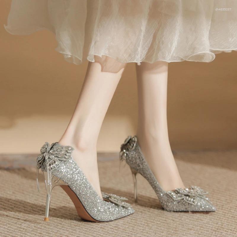 Dress Shoes Autumn Pointed Toe Pumps Sequined Rhie Butterfly Women Heels Sier High Party Wedding zhanyishengli