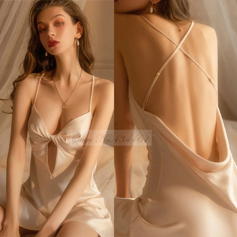 Female Nightdress Sexy Backless Spaghetti Strap Nightgown Sleepwear Spring Summer Nightwear Loose Silk Satin Home Dress Lingerie 241209