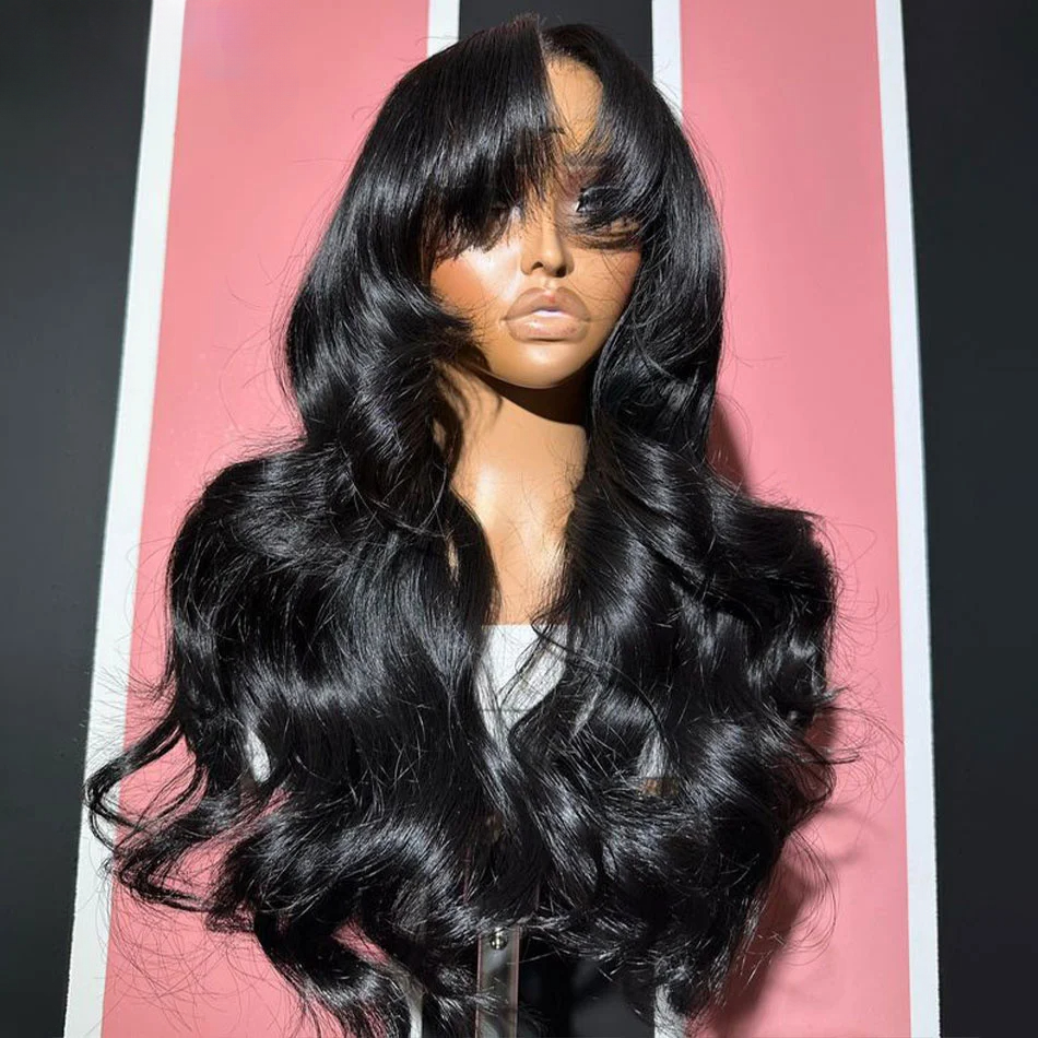 180density Chocolate Brown Body HD Lace Frontal Human Hair Wigs Water Wave Colored Synthetic Wig with Bangs 250 Density 40Inch