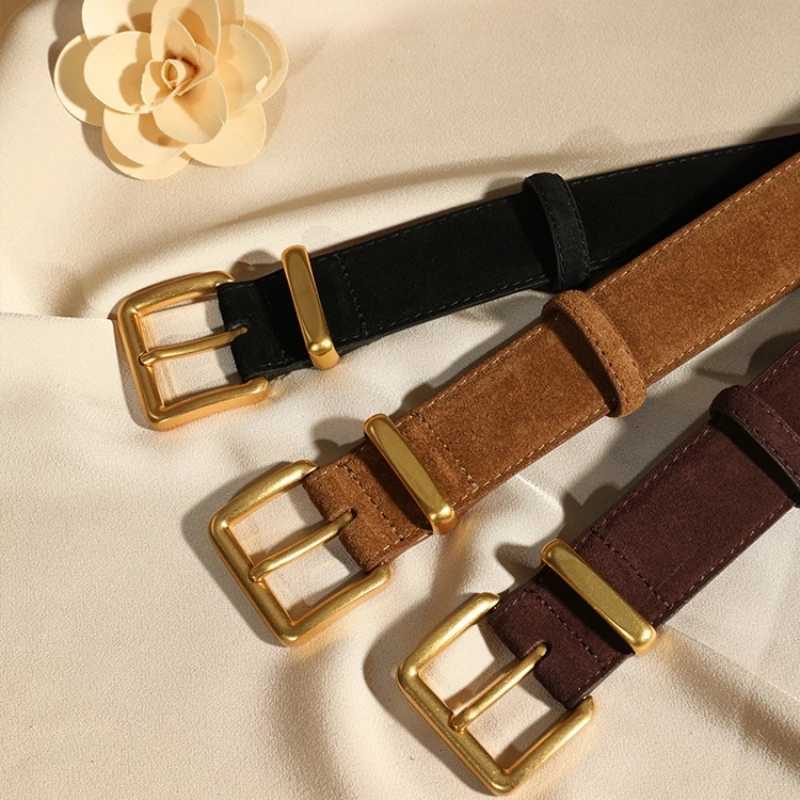 Womens suede denim belt with gold square buckle 3.3cm wide retro style dress jeans belt X241209