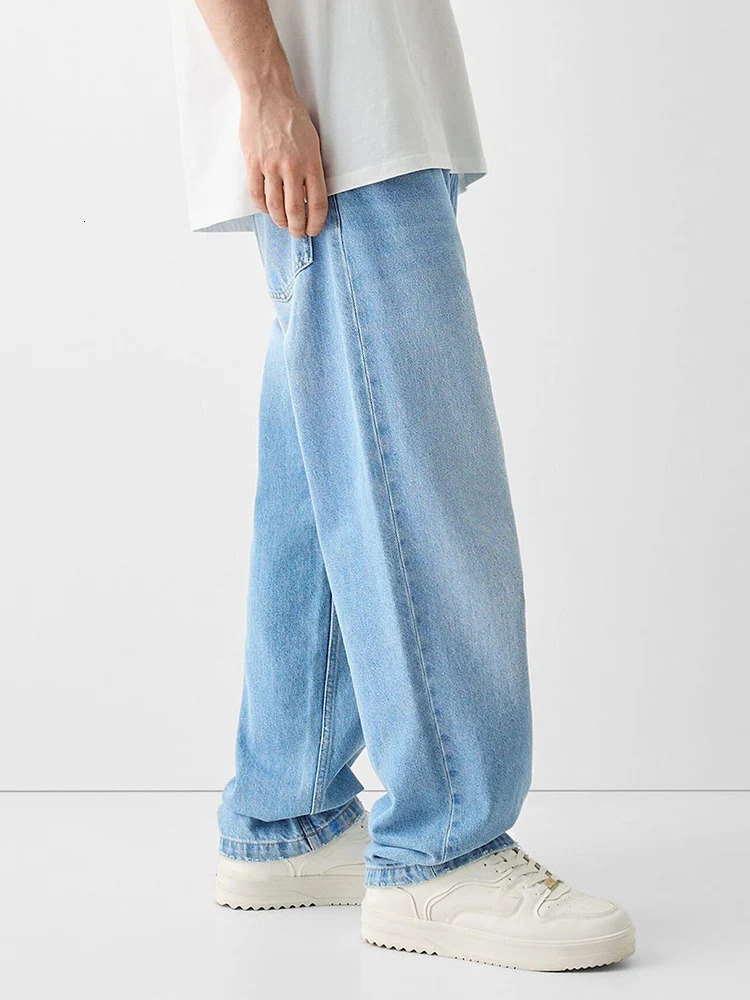 Straight jeans mens wide loose denim blue unisex streetwear casual pure pants hiphop bag 241206