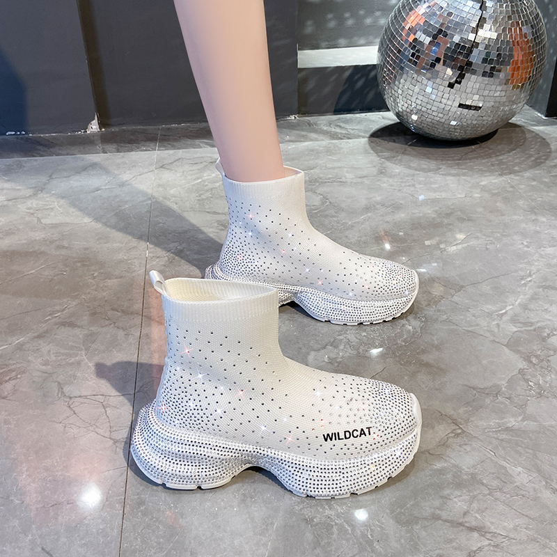 Designer Full Diamond Ankle Boots Women's Shiny Diamond High Quality Modern Boots Luxury Knitted Stretch Boots Thick soled High Heels Comfortable