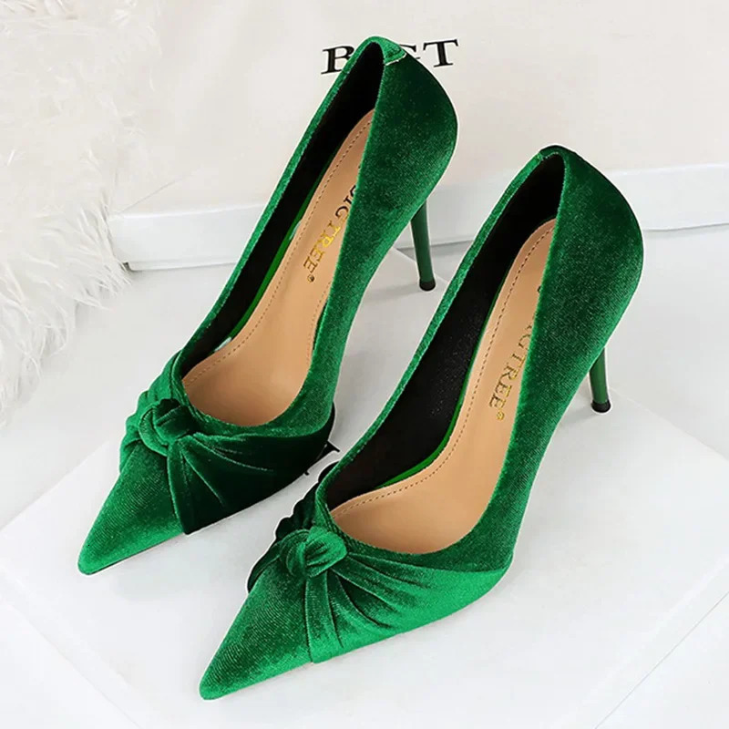 Size 34-43 Women Fetish 10cm High Heels Evening Velvet Pumps Scarpins Wedding Stiletto Heels Lady Green Butterfly Bow Prom Shoes 241209