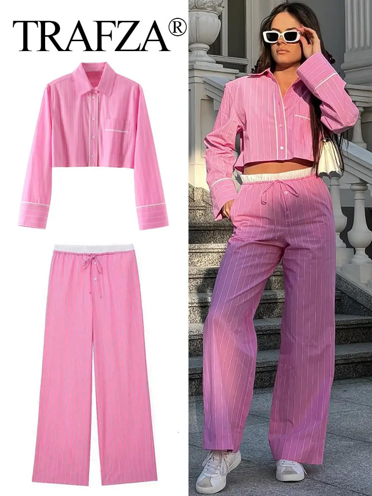 TRAFZA Women Sweet Pink Stripe Blouse Pant Sets Button Long Sleeve Cropped Shirt Patchwork Drawstring Straight Trousers TRAF 241209