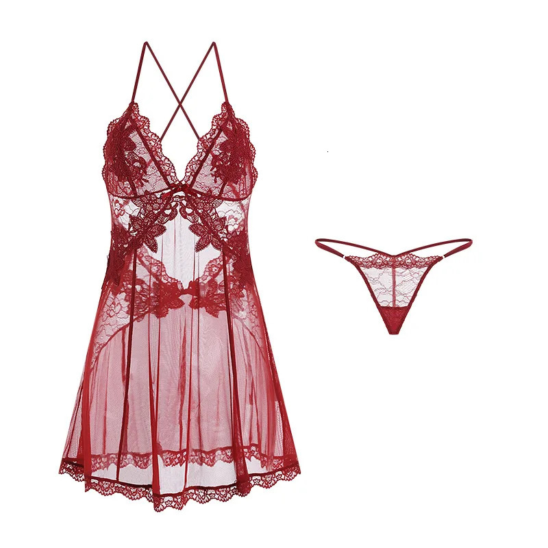Sexy deep V-mesh see through embroidery lace cross backless womens suspender nightgown set 1899 241209