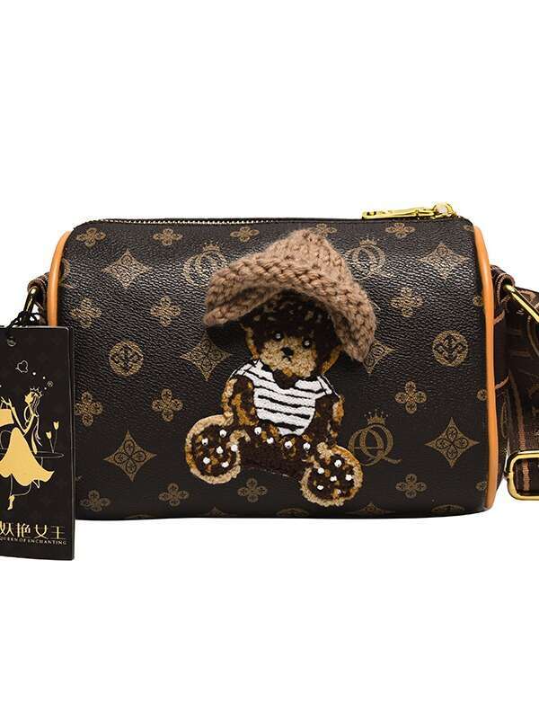 Embroidered teddy bear pillow women's light luxury Boston bag, trendy printed single shoulder crossbody bag