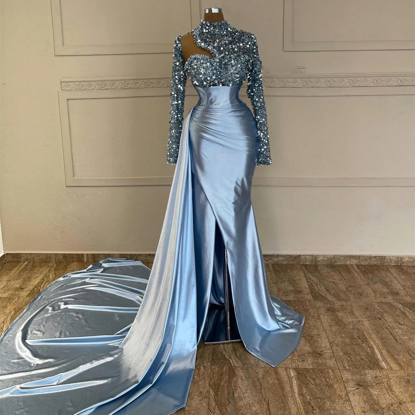 Modern Crystals Sequin Beaded Long Prom Dresses With Detachable Train Front Split Satin Evening Gowns Full Sleeves Mermaid Special Occasion Dress For 