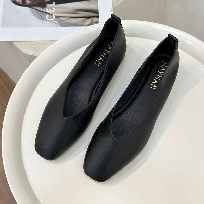 Meotina Women Genuine Leather Shoes Square Toe Flats Shollow Ladies Fashion Concise Career Shoes Spring Autumn Apricot 40 241209