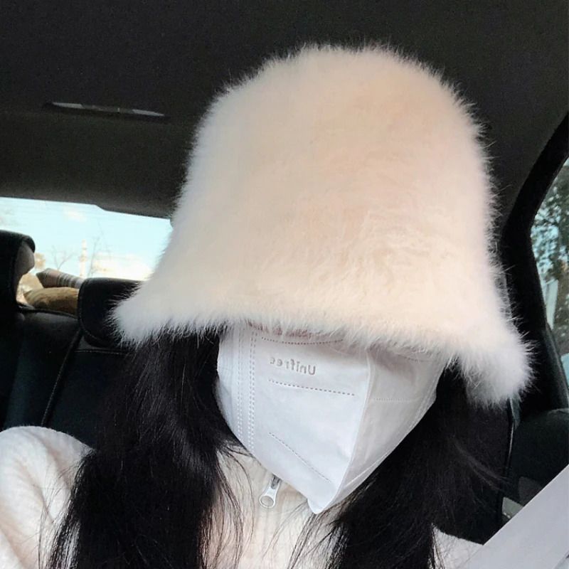 Womens White Rabbit Fur Bucket Hat Autumn Thick Warm Fishermans Hat Girls Outdoor Basin Hat Winter Women Panama Bob Goros 241205