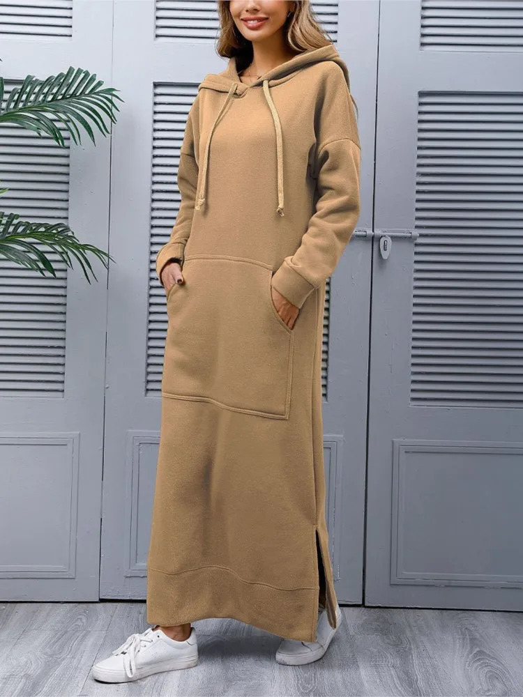 Autumn Winter Womens Loose Large Knitted Hooded Long Skirt With Velvet Hoodie Casual Fashion Dress Large Pocket Skirt 241209