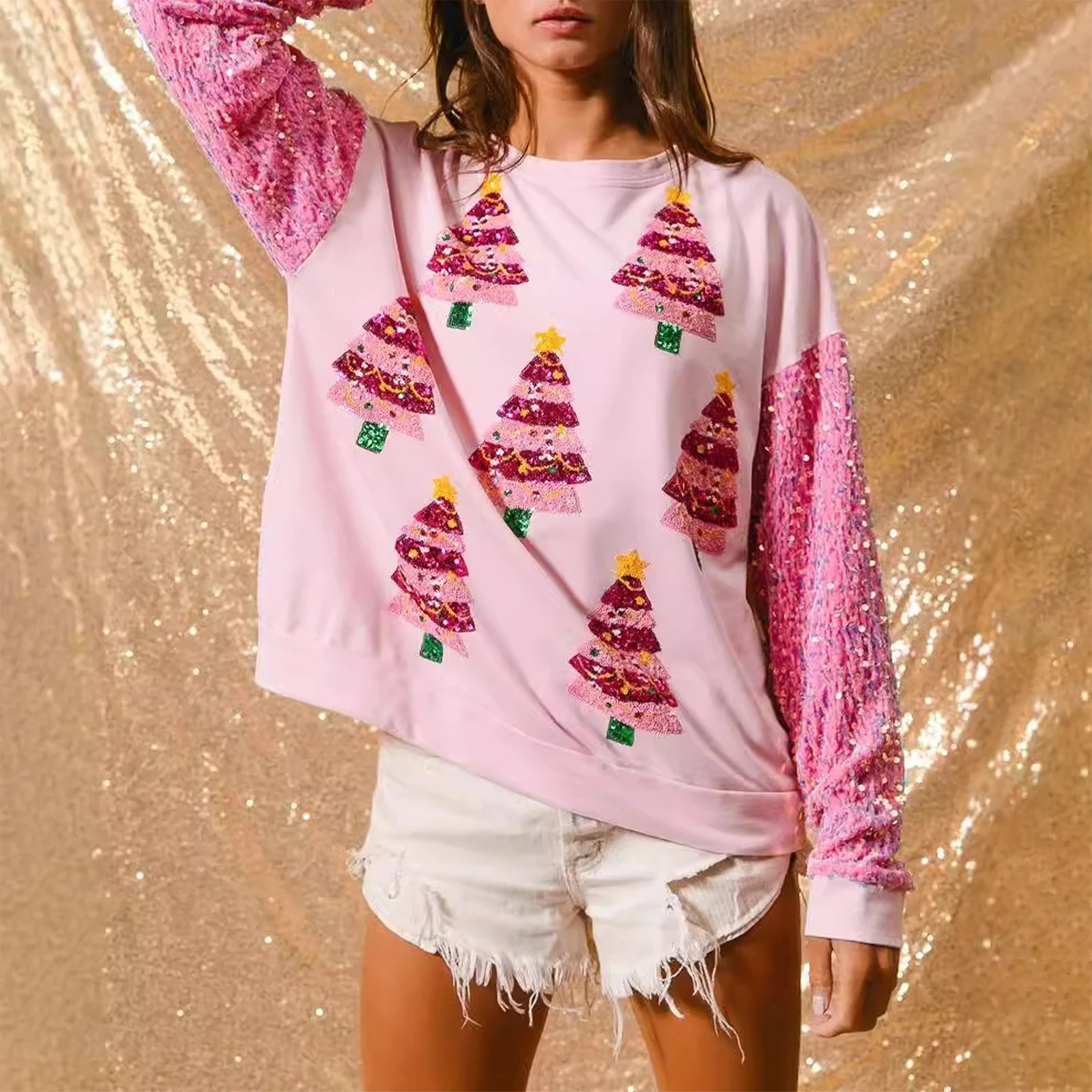 Imcute Christmas Sweatshirts Sequin Women Y2k Oversized Graphic Long Sleeve Sweater Holiday Merry Xmas Shirts Pullover Tops 241209