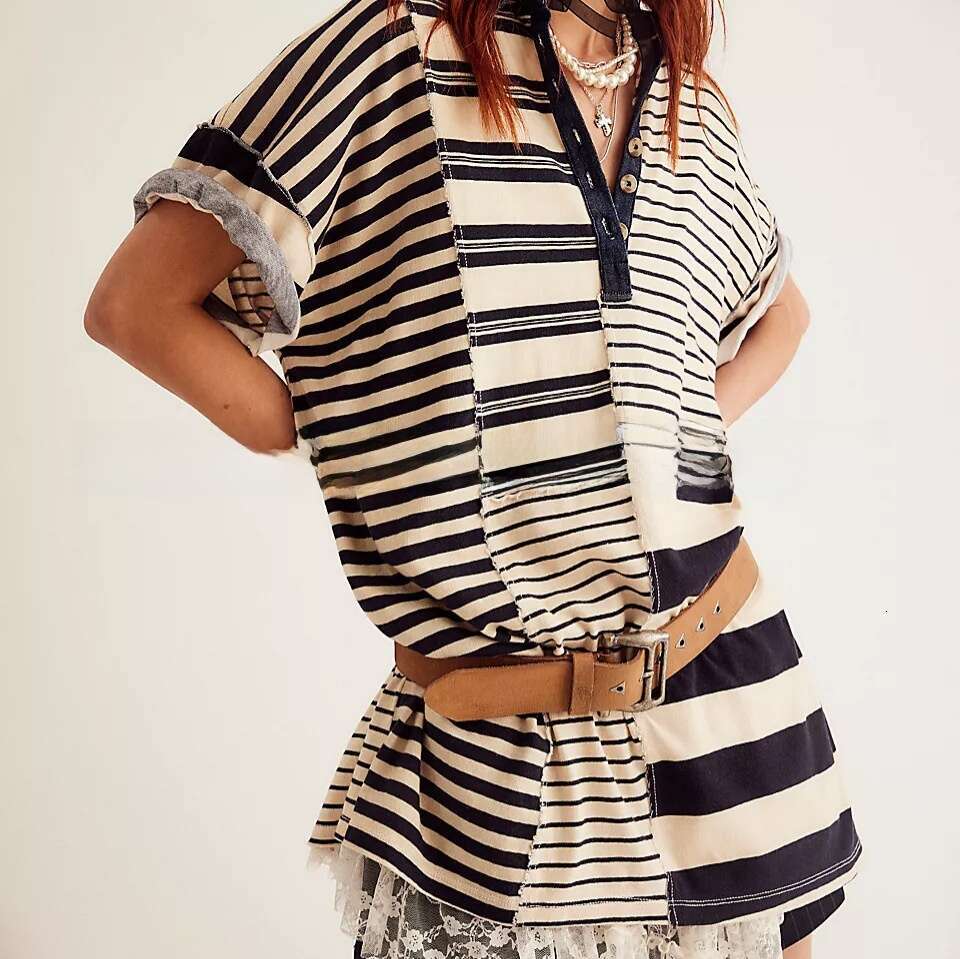 New European And American Women's Mid Sleeve Lapel Contrasting Striped Loose Casual Dress For Women