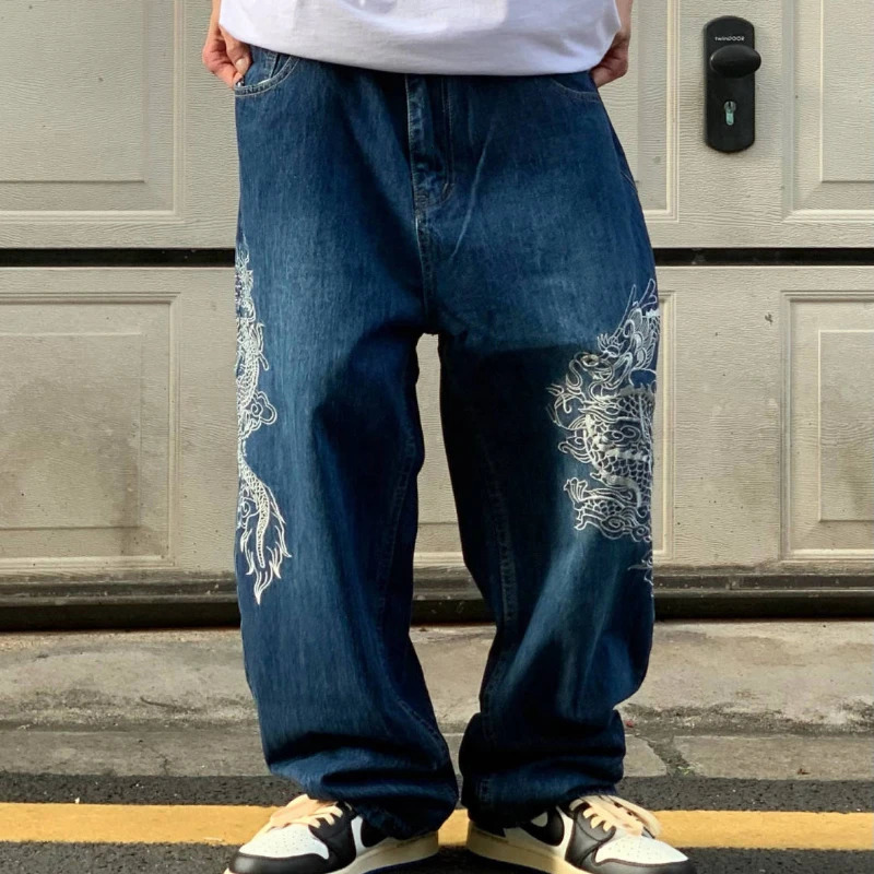 Gothic dragon pattern embroidery high waisted jeans for men y2k street bag jeans for men high street hip-hop casual jeans 241206