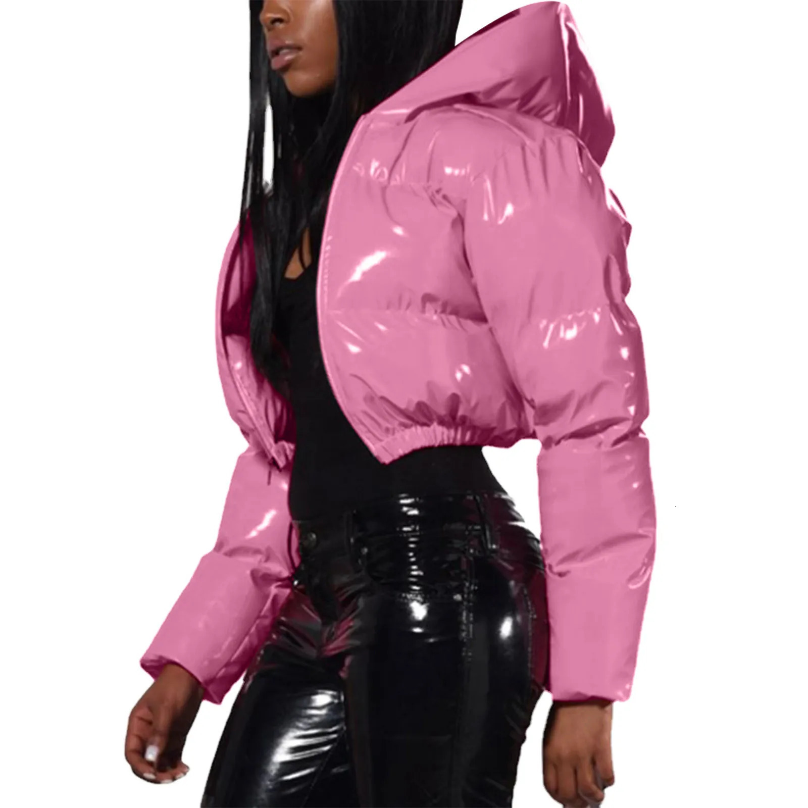 Womens autumn and winter warm short shiny padded hooded leather womens jacket with cover zipper OK 241209