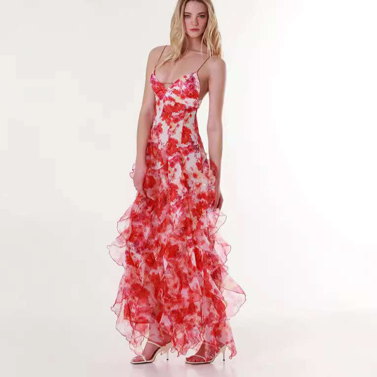 Spring/Summer Off Shoulder Women's Chiffon Printed Fairy Long Style Evening Dress 2024 New Casual Fashion Trendy Clothing