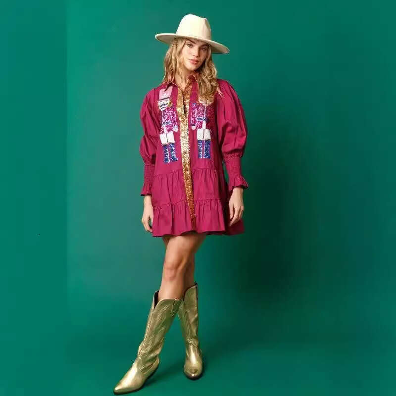 Autumn Winter New European And American Skirt Contrasting Long Sleeved Lapel Christmas Sequin Dress For Women B4