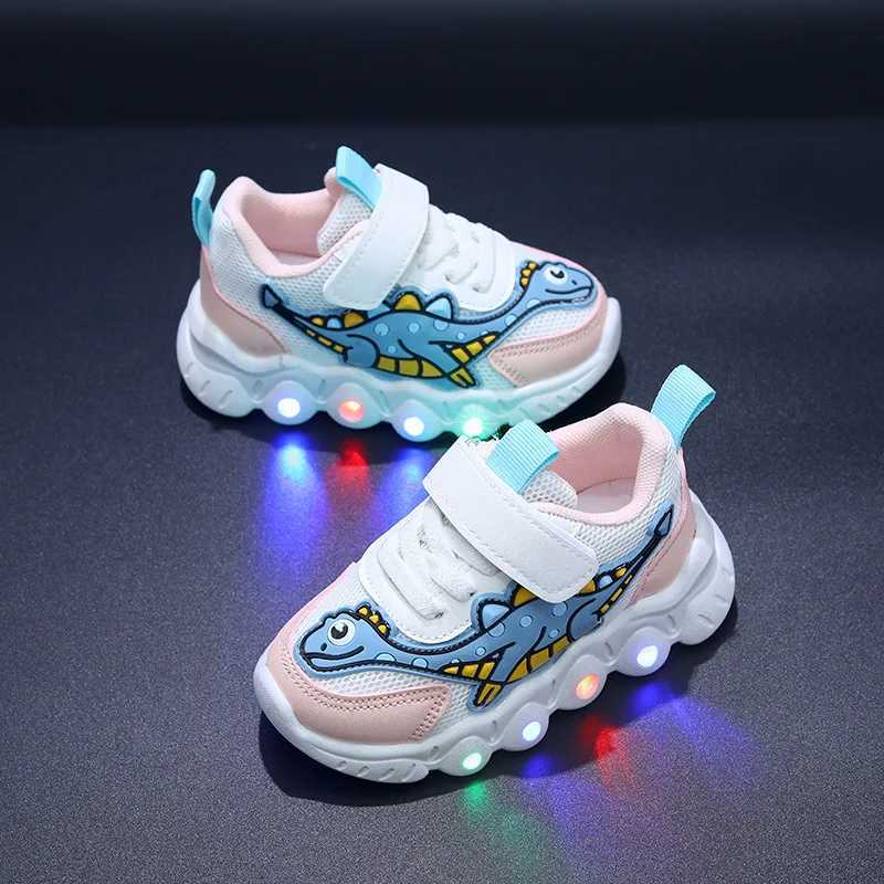 New glowing girls sports shoes cartoon dinosaur boys light shoes breathable mesh lights running sports shoes baby childrens casual shoes X2412091