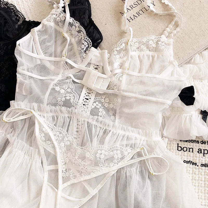 French Sexy Sleepwear Night Gown Sling Mesh Lace Gauze Nightdress Tutu Mini Dress Thin Pajama Nightwear Lingerie Set Nightgown 241209