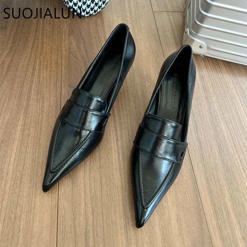 SUOJIALUN Autumn Women Pumps Shoes Fashion Pointed Toe Slip On Ladies Elegant Single Shoes Thin Low Heel Dress Pumps Shoes 241209
