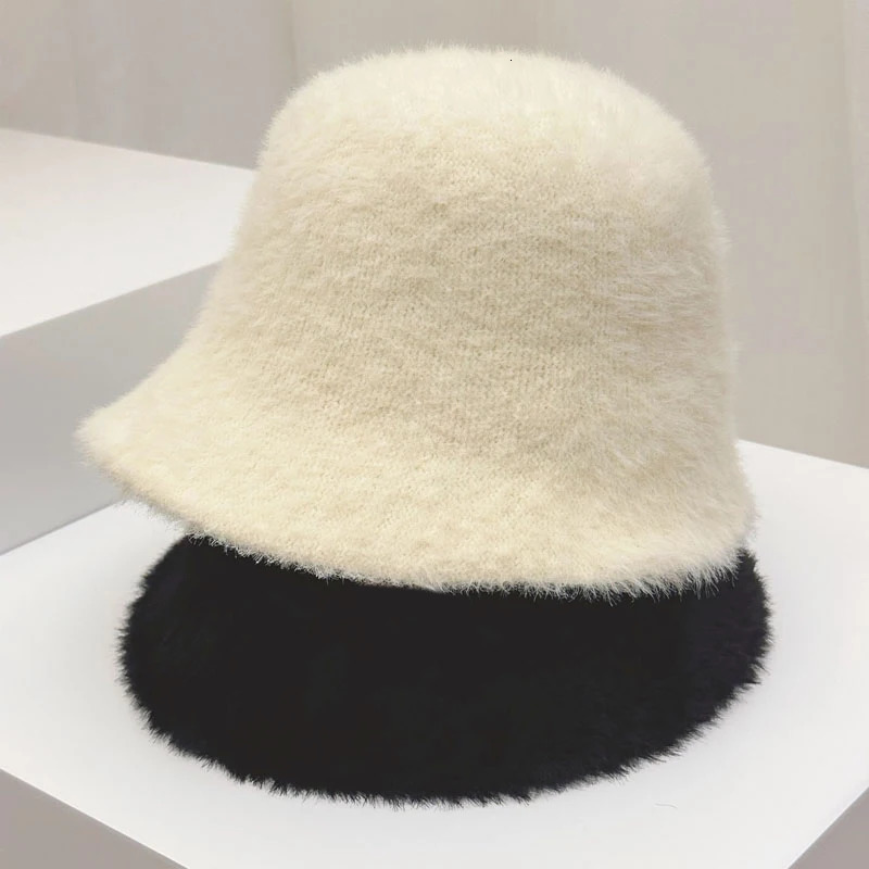 Womens White Rabbit Fur Bucket Hat Autumn Thick Warm Fishermans Hat Girls Outdoor Basin Hat Winter Women Panama Bob Goros 241205