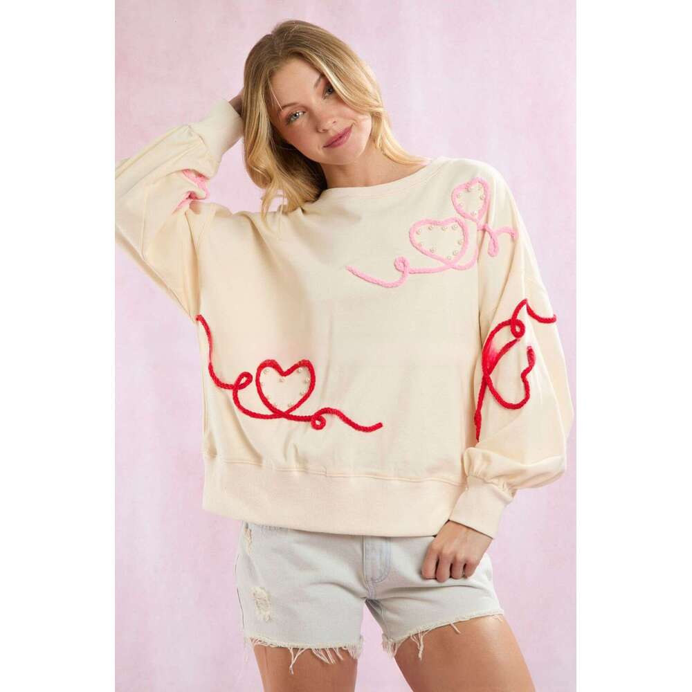 Autumn Winter European And American Clothing Valentine's Day Heart-Shaped Embroidery Pearl Decoration Top Sweet Hoodie Women's Fashion Quali