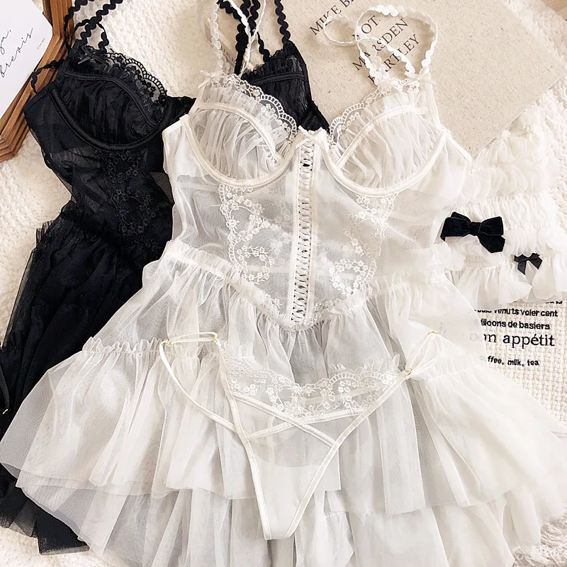 French Sexy Sleepwear Night Gown Sling Mesh Lace Gauze Nightdress Tutu Mini Dress Thin Pajama Nightwear Lingerie Set Nightgown 241209