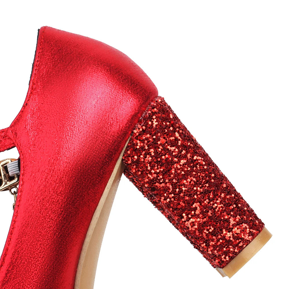 Sequined Red Silver Gold Women Platform Pumps 9cm Chunky Heels Female Wedding Party Buckle Strap Ladies Round Toe Shoes 241209
