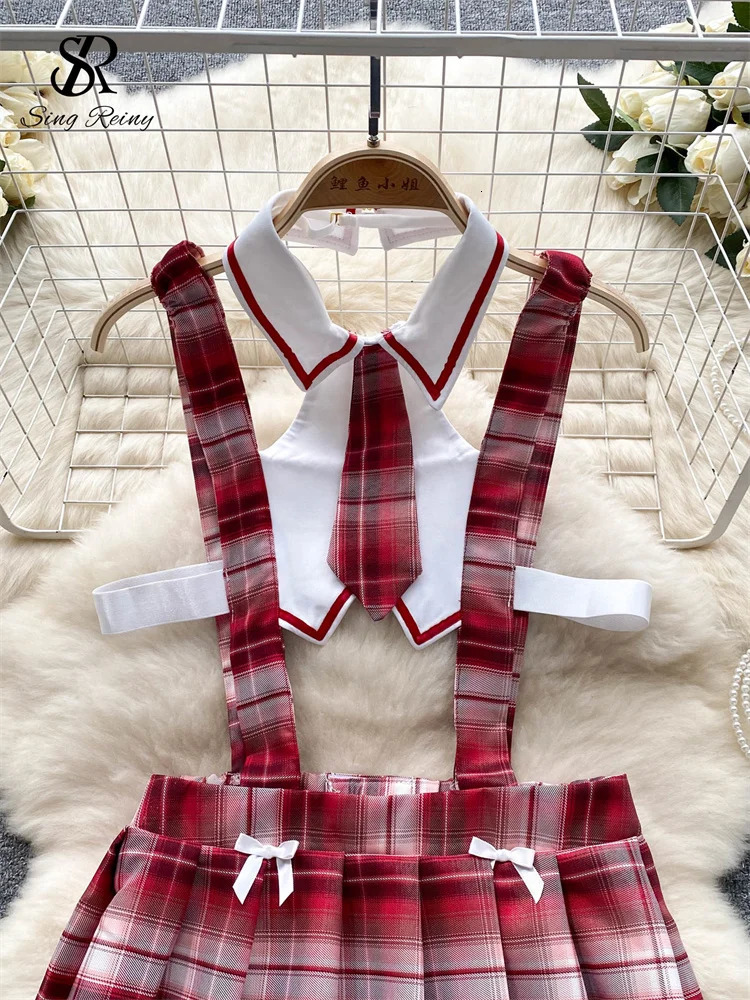 SINGREINY French Sexy JK Uniform Night Dress Hollow Out Tie Slim Nightwear Erotic Plaid Lingerie Women Pleated Pajamas Dresses 241209